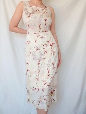 Vintage 90s Cream Yellow Floral Midi Thick Straps Summer Dress